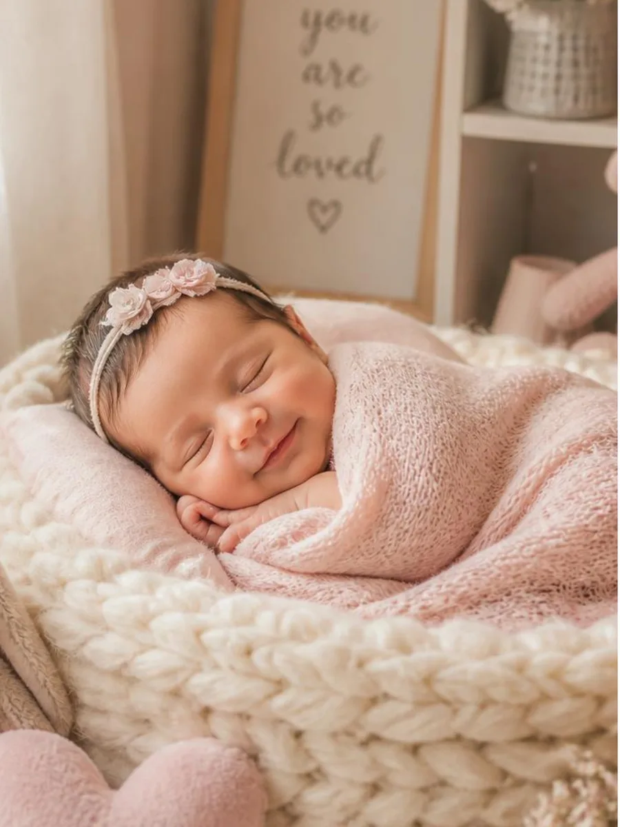 Bebé recién nacido dormido en cesta de punto con flores
